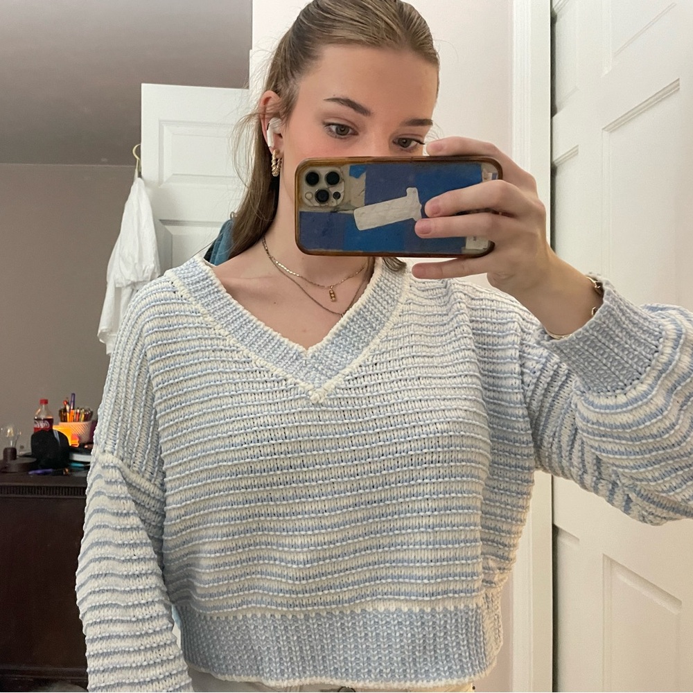 Blue and White V-Neck Chenille Sweater